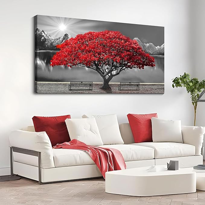 Black and White Red Tree Wall Art Canvas Print Picture Large Red Tree Landscape Modern Artwork for Living Room Bedroom Office Home Wall Decor With Frame 24X48inch