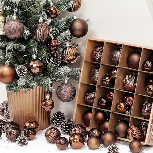 64 Pcs Brown Christmas Ball Ornaments Glitter Matte Brown Xmas Bulbs Ornaments 1.6/1.97/2.4 Inch Neutral Rustic Xmas Baubles Assorted Size Modern Christmas Decoration for Tree Home Indoor Decor
