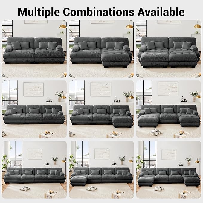 Loveseat Modular Sectional Sofa, U Shaped Couch with Ottoman, Cloud Couch Sectional Couch Home Sofa Living Room Oversized Couch Deep Seat Couch with Round Bolster Armrests 4 Pillows(Gray)