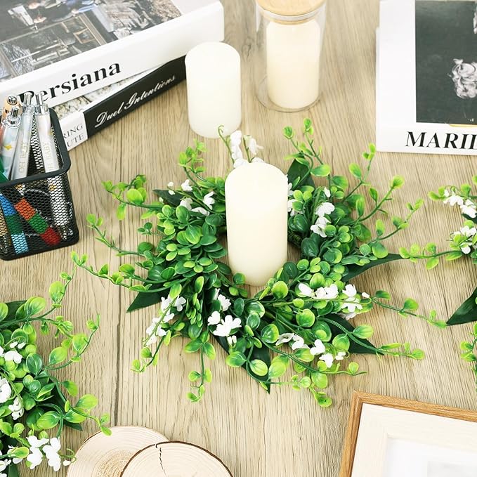 6 Pcs Artificial Forsythia Hanging Flower Wreaths Mini Green Boxwood Candle Rings Wreath Small Green Kitchen Cabinet Wreath for Pillar Front Door Porch Wall Window Farmhouse Home Decoration