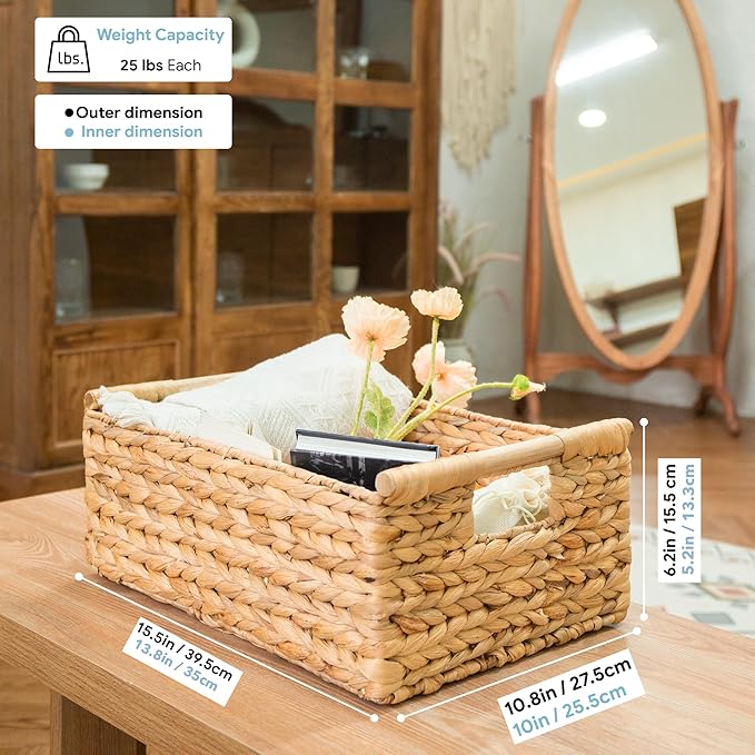 VATIMA Hyacinth Large Wicker Basket 15.5x10.8x6.2" - Rectangular, Wooden Handles, Shelf Organizer