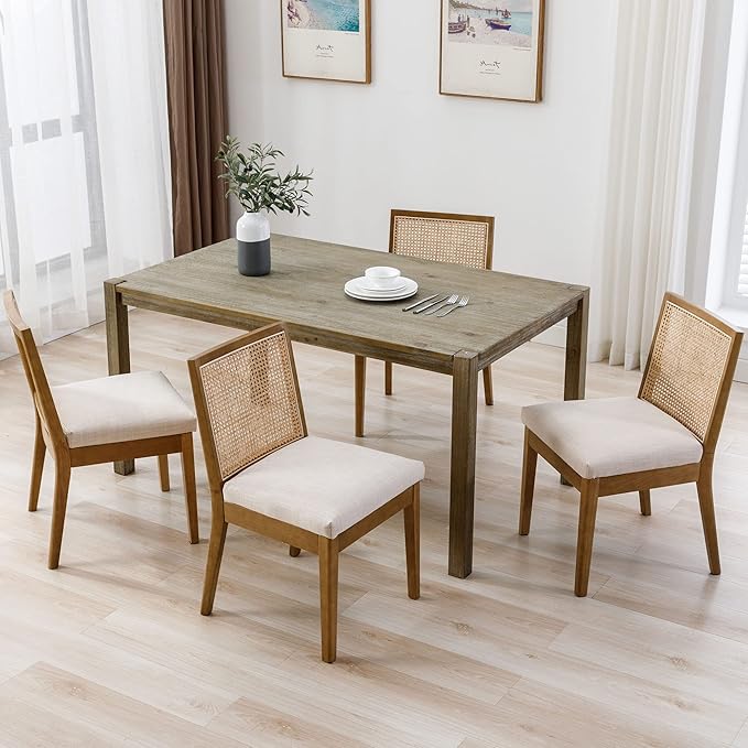 VESCASA Upholstered Dining Chairs with Square Rattan Back, Armless Padded Linen Cushion Dining Chairs with Wood Legs for Dining Room, Kitchen, Set of 4, Natural Frame
