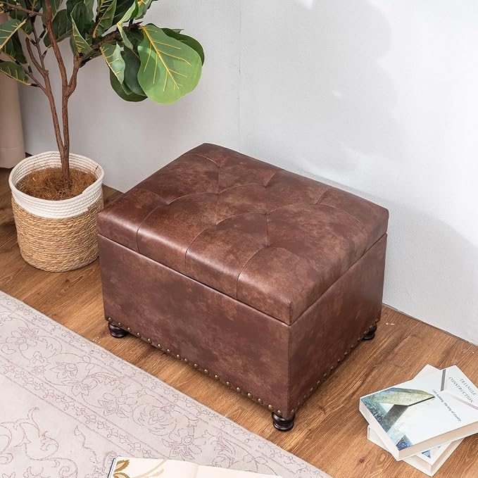 Joveco Leather Storage Ottoman, 24" Rectangle Tufted Square Upholstered Bench, Foot Rest Stool with Wood Legs, Footstool for Living Room Bedroom, Coffee
