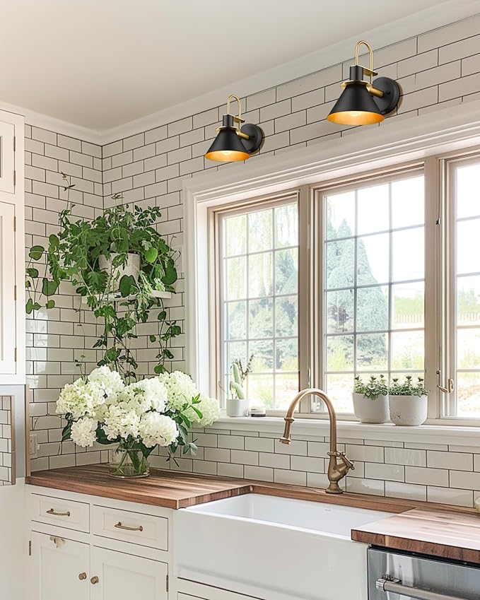 Industrial Wall Sconce Set of 2, HWH Modern 1-Light Bathroom Vanity Light Fixtures, Single Wall Sconce for Bedroom, Balcony, Over Mirror, Kitchen Sink, Black and Gold Finish, 5HZG56B-2 BK+BG