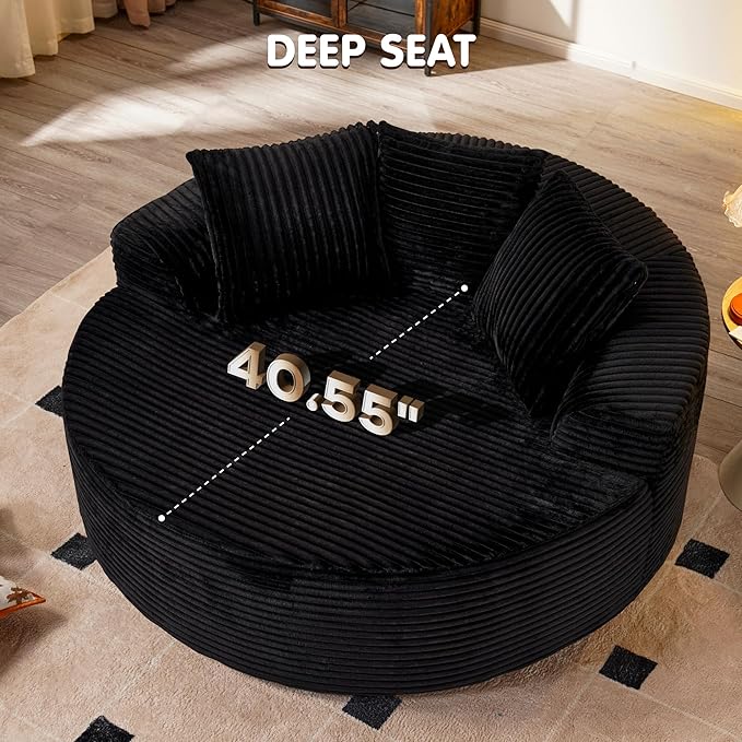 ovios 58" Oversized Round Chair Lounge Chaise Indoor, No Assembly Required, Cloud Large Circle Chair with Plush Fuax Fur, Fluffy Modern Sleeper Sofa Bed for Reading Yoga, Black (Plush Corduroy Fabric)