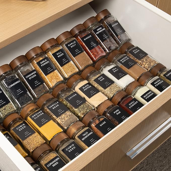 Yangbaga 34Pcs Glass Spice Jars with Labels-4oz Acacia Wood Lid Square Spice Containers with Pepper Grinder Lids &Funnel,Seasoning Jars for Rack Cabinet Drawer