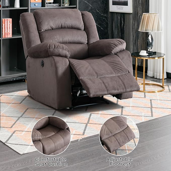 EBELLO Classic Power Recliner Chair, Oversized Electric Reclining Chair with Overstuffed Cushion and Back, Soft Fabric Adults Single Recliner Sofa for Living Room, Brown