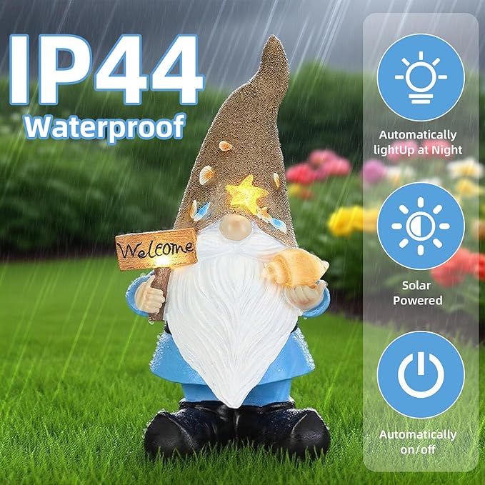 Solar Garden Gnomes Decor Outdoor Statue - Gnome Welcome Sign with LED Waterproof Sculptures Lights, Gnome Pond/Yard Statues Outside Decoration, Home, Lawn, Patio, Resin Ornament, Gardening Gift