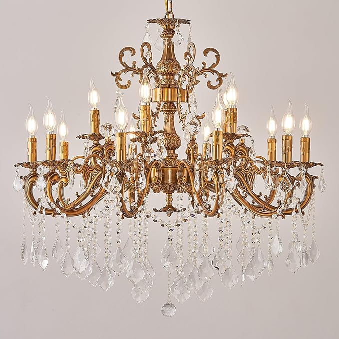 Vintage 10 Arms Crystal Chandelier Candle Light Fixture for Dining Room Living Room Bedroom Hallway Entryway Antique Gold Finish (34"-15 Lights)