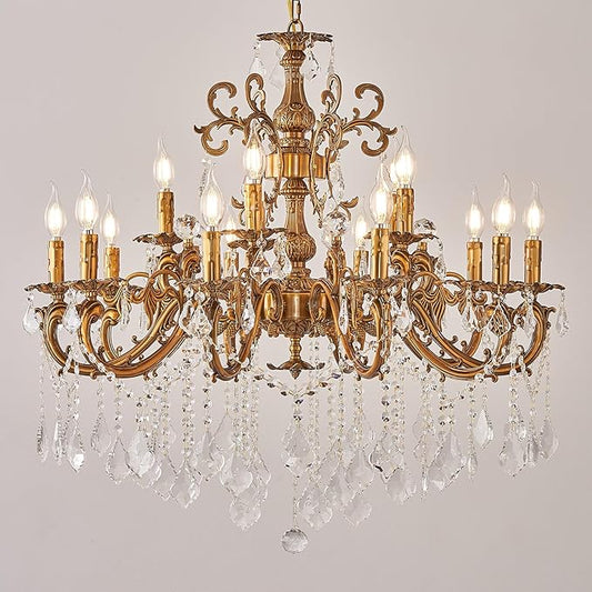 Vintage 10 Arms Crystal Chandelier Candle Light Fixture for Dining Room Living Room Bedroom Hallway Entryway Antique Gold Finish (34"-15 Lights)