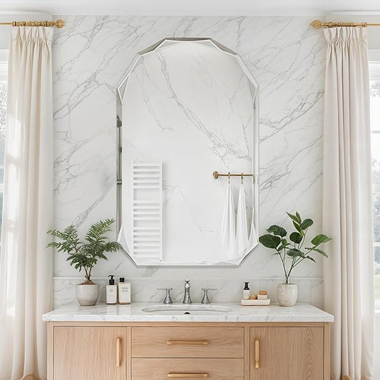Bathroom Mirror for Wall, 30" x 48" Arched Mirror, Bathroom Vanity Mirror, Beveled Edge Frameless Wall Mount Vanity Mirrors, Wall Mirrors Decorative, Irregular Beveled Edge Mirror