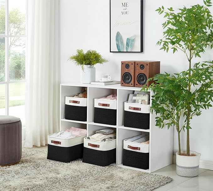 DECOMOMO Storage Bins Fabric Storage Baskets for Shelves, Linen Closet Organization Toys Nursery (Black and White, Large - 4 Pack)