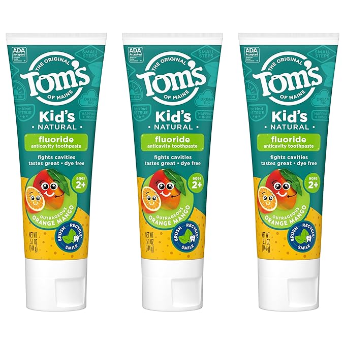 Tom's of Maine Kids Natural Toothpaste with Fluoride for Ages 2+, ADA Approved, Outrageous Orange Mango, 5.1 ounces (3 Pack)