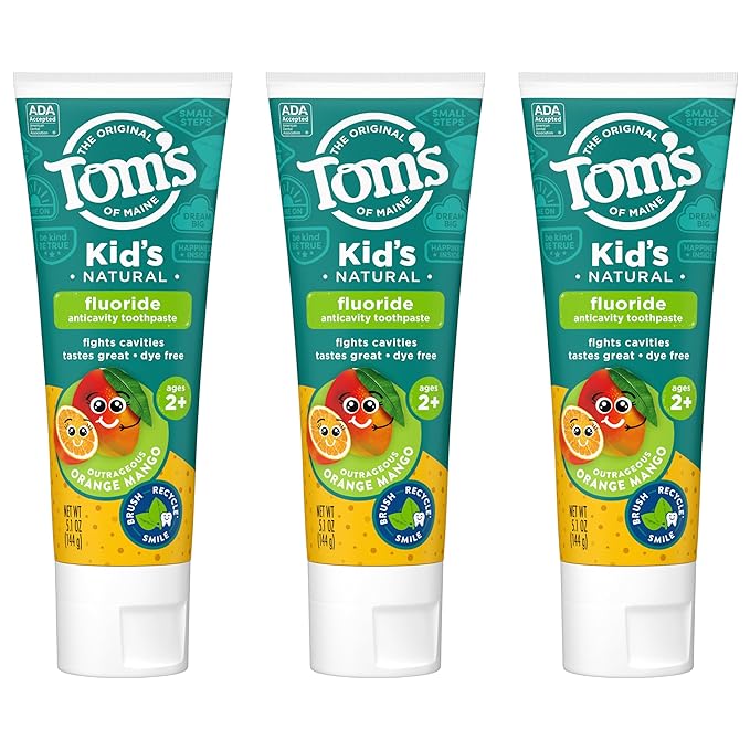 Tom's of Maine Kids Natural Toothpaste with Fluoride for Ages 2+, ADA Approved, Outrageous Orange Mango, 5.1 ounces (3 Pack)