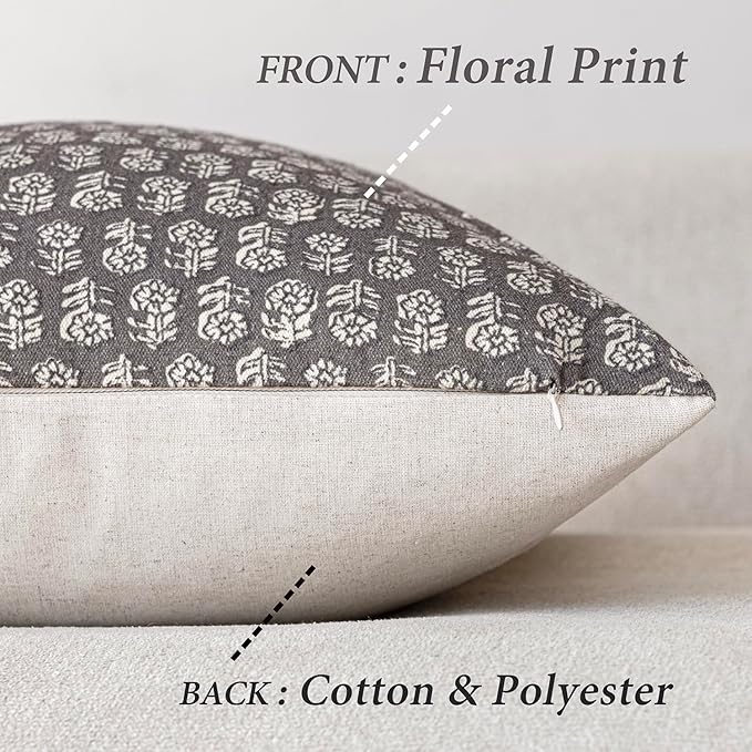 Foindtower Set of 2 Decorative Vintage Floral Print Throw Pillow Covers Neutral Modern Farmhouse Cushion Covers Boho Home Decor for Sofa Couch Chair Bedroom Living Room,24×24 Inch,Rustic Gray