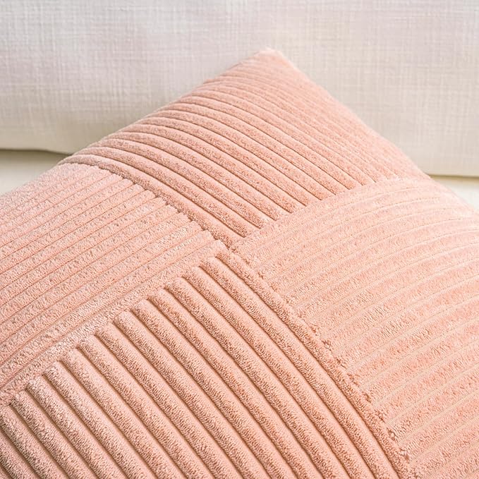 Fancy Homi 2 Packs Peach Lumbar Decorative Throw Pillow Covers 14x24 Inch for Living Room Couch Bed Sofa, Rustic Farmhouse Boho Home Decor, Soft Striped Corduroy Rectangle Accent Cushion Case 35x60 cm