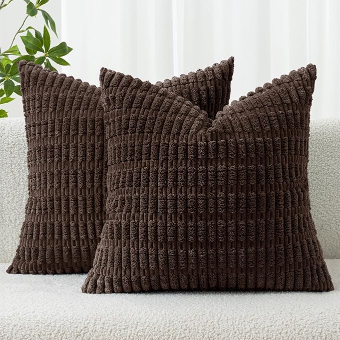 MIULEE Pack of 2 Corduroy Decorative Throw Pillow Covers 18x18 Inch Soft Boho Striped Pillow Covers Modern Farmhouse Home Decor for Sofa Living Room Couch Bed Dark Brown
