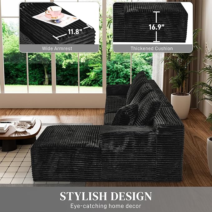 Modular Sectional Sofa Cloud Sectional Couch, 135" Comfy Fluffy L Shaped Black Couches for Living Room, Deep Seat Memory Foam Plush Corduroy Boneless Couch Sectionals with Right Facing Chaise Sofa