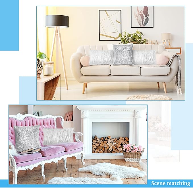 Irenare 4 Pcs Sequin and Fluffy Pillow Covers Winter Throw Pillow Cases Soft Cushion Cover for Couch Bed Sofa Xmas Day(18 x 18 Inch, 12 x 20 Inch,White, Silver)