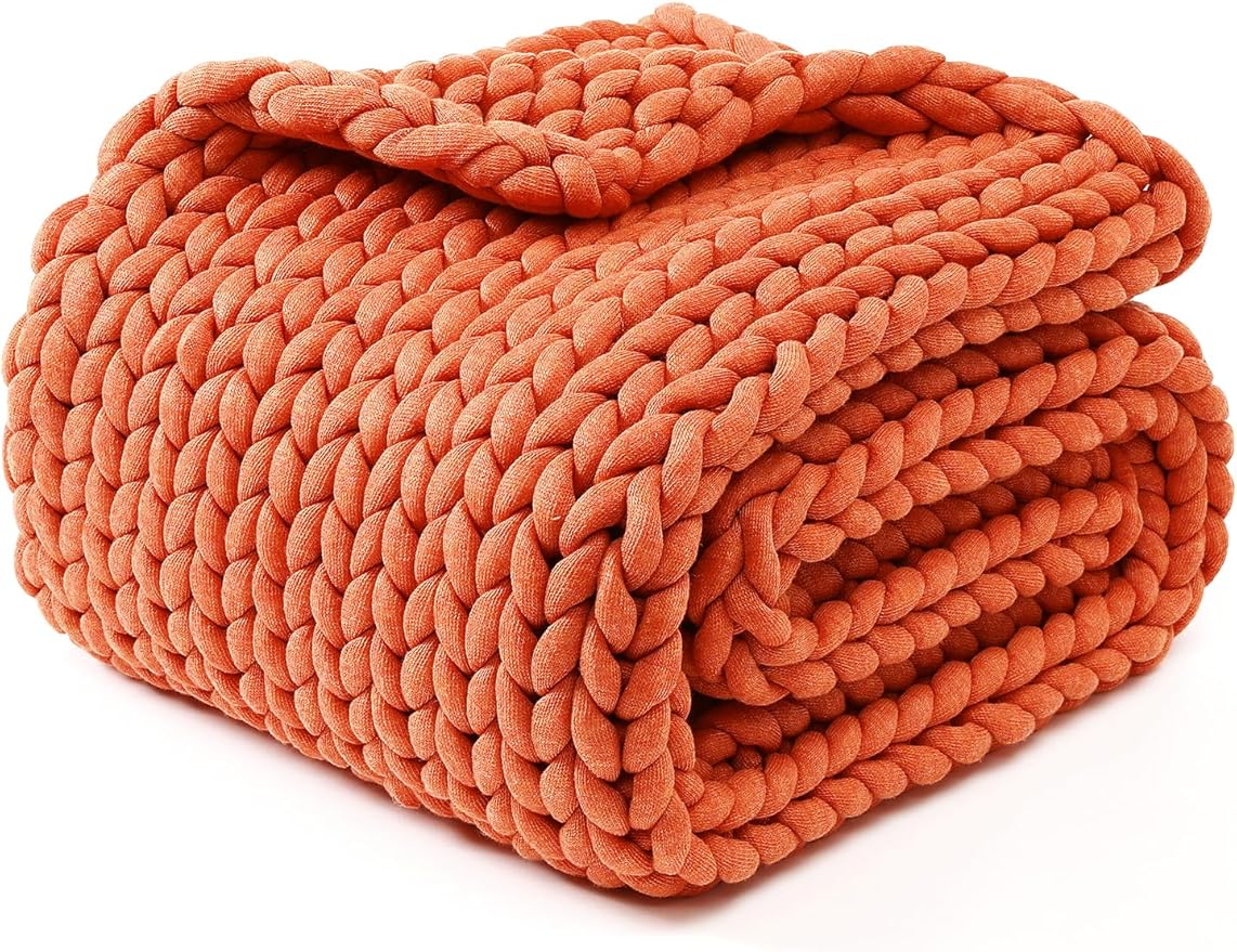 YnM Chunky Throw Blanket, Medium-Weight, Hand Knitted, Skin Friendly, Ventilated and Breathable, Machine Washable, Home Décor Piece for Couch, Sofa and Bed (Exotic Orange, 40x50 Inch)