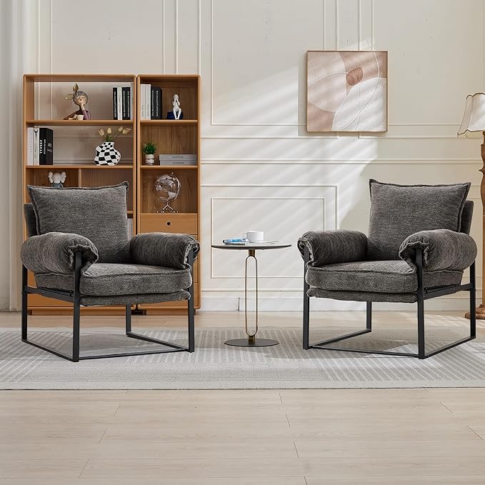 YISHENG Accent Chair with 6-Angle Adjustable Backrest, Chenille Fabric Living Room Chair Upholstered Lounge Chair, Modern Chair Cozy Reclining Chair for Reading Room, Set of 2 Gray