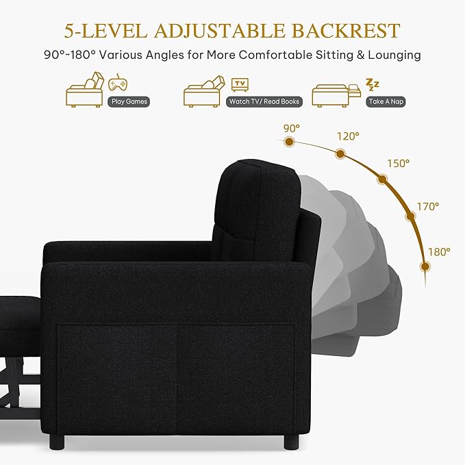 YITAHOME 55" Convertible Sofa Bed, 3-in-1 Sleeper Sofa with Iron Frame Pull-Out Bed, Linen Futon Couch with Reclining Backrest and Side Pocket, Modern Loveseat for Living Room Bedroom Apartment, Black