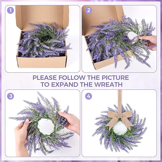 6 Pcs Lavender Candle Ring Pillar Wreaths Mini Purple Wreath Table Centerpieces 9 Inch Wreath for Cabinets Artificial Farmhouse Lavender Wreaths for Front Door Porch Wall Window