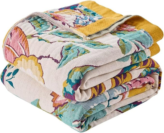 Boho Throw Blanket, Ultra Soft Rustic Quilt for Bed, Lightweight Fall Throws Blanket Muslin Blankets for Adults, Picnic, Farmhouse Decor, Cozy 100% Cotton Throw Blankets, Happiness, 60"x80"