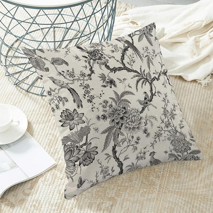 CXMEIFLY Spring Floral Birds Pillow Covers 18 x 18 Inch Set of 2 for Chinoiserie Flowers Decor Throw Pillows Black and White Plant Outdoor Decorative Cushion Cases for Couch Bed Decorations