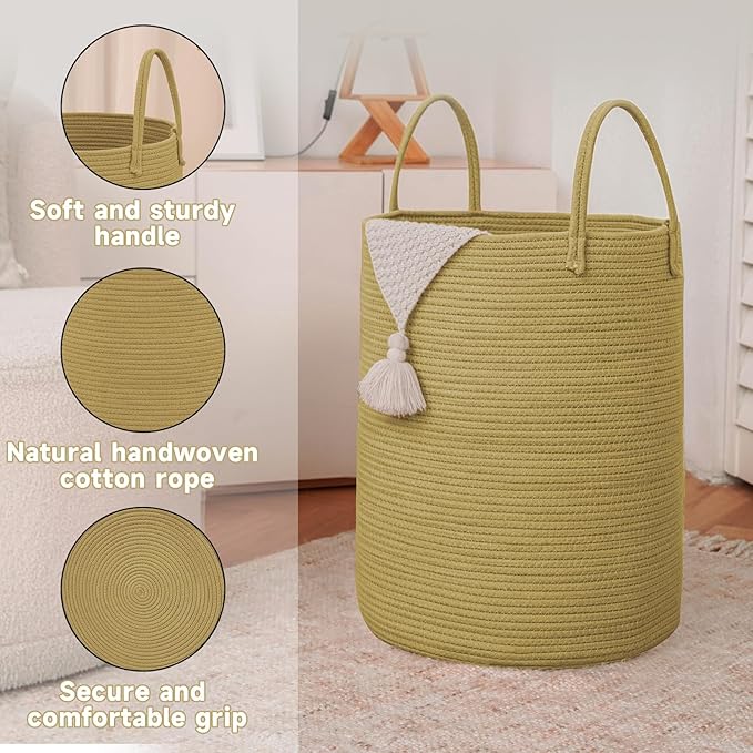 Large Woven Laundry Basket Hamper,60L Cotton Rope Storage Bin for Blankets,Toys and Clothes,Decorative Tall Nursery Hamper for Living Room,Baby Nursery,Bathroom and Bedroom,Jute