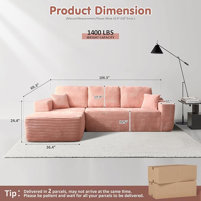 ovios 104" Cloud Sectional Couch with L-Shape Chaise,Modern Modular Sofa with Deep Seat, Upholstered Couches for Living Room Bedroom,No Assembly Required, Pink (Plush Corduroy Fabric)