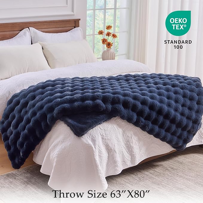 BENVWE Fluffy Faux Fur Throw Blanket for Couch, Soft Plush Thick Cozy Fuzzy Luxury Minky Bubble Blanket for Home Living Room Decor Gift for Women, Navy Blue, 63" x 80", 1100GSM