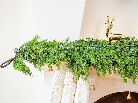 6FT Cedar Garland with Blue Berry Cypress Pine Garland Realistic for Mantle Stairs Fireplace Wall Window Front Door Indoor Outdoor Christmas Decor Xmas Decorations