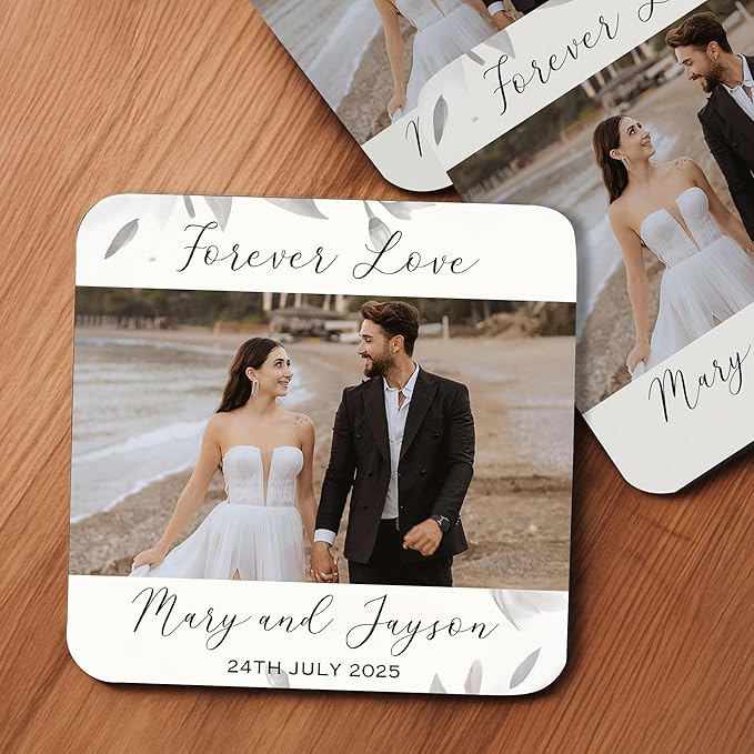 60 Pack Personalized Wedding Coasters, Custom Cardboard Coasters for Drinks with Photo Print and Text, Keepsake Wedding Favors and Gifts for Couples, 4x4 Square, Design 7