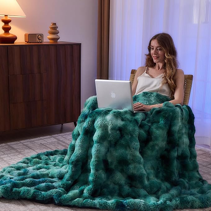 Lotus Karen Faux Fur Throw Blanket Tie-Dye Green - Big Bubble Rabbit Fluff Blanket for Couch, Large Fluffy Fuzzy Cozy Blanket,Thick Furry Plush Shaggy Blankets,108x90 Inches