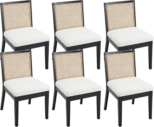 VESCASA Upholstered Dining Chairs with Square Rattan Back, Armless Padded Sherpa Fleece Cushion Dining Chairs with Wood Legs for Dining Room, Kitchen, Set of 6, Black Frame