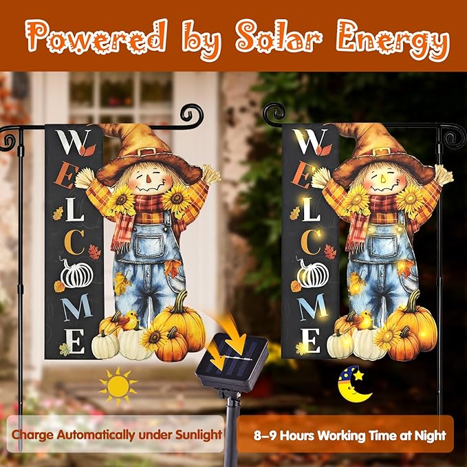 Thanksgiving Lighted Garden Flag, Solar Fall Outdoor Decor Yard Flag,8 Modes Led Scarecrow Flag,28x40 Double Sided Maple Leaf Pumpkin Bird Decorations for Home Porch