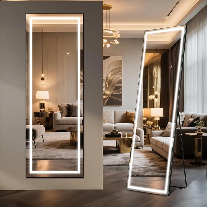 64" x 22" Full Length LED Floor Mirror - Big Wall/Standing Mirror with Lights, Dimmable Touch Screen & Adjustable Color (White/Warm Light), Full Body Mirror for Bedroom, Dressing Room, Vanity, Makeup