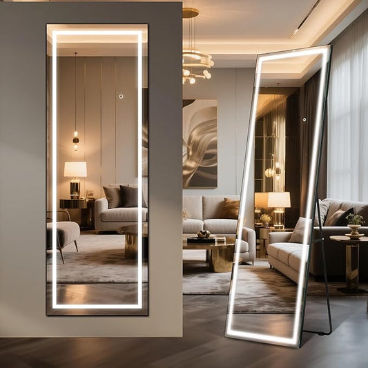 64" x 22" Full Length LED Floor Mirror - Big Wall/Standing Mirror with Lights, Dimmable Touch Screen & Adjustable Color (White/Warm Light), Full Body Mirror for Bedroom, Dressing Room, Vanity, Makeup