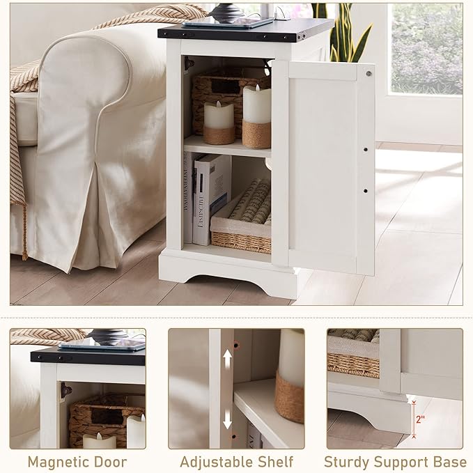 JXQTLINGMU Farmhouse Nightstand Set of 2 with Charging Station, 17" D Rectangular End Table with Barn Door & Adjustable Storage Shelf, Wood Rustic Sofa Side Table for Living Room, Bedroom, White