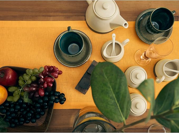 Solino Home Linen Table Runner 48 Inches - 100% Pure Linen Tangerine Yellow Table Runner 14 x 48 Inch Ideal for Dresser and Coffee Tables - Fete