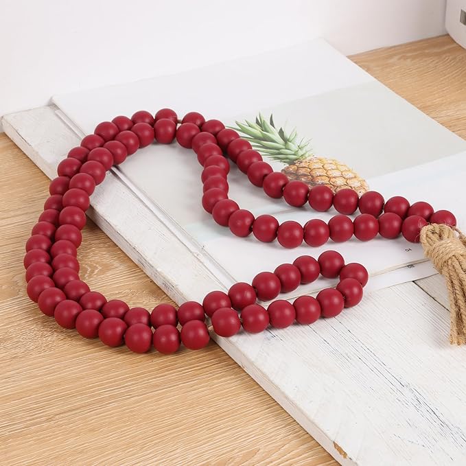 58in Wood Bead Garland with Tassels, Farmhouse Rustic Country Decor Prayer Boho Wall Hanging Decoration (Burgundy)