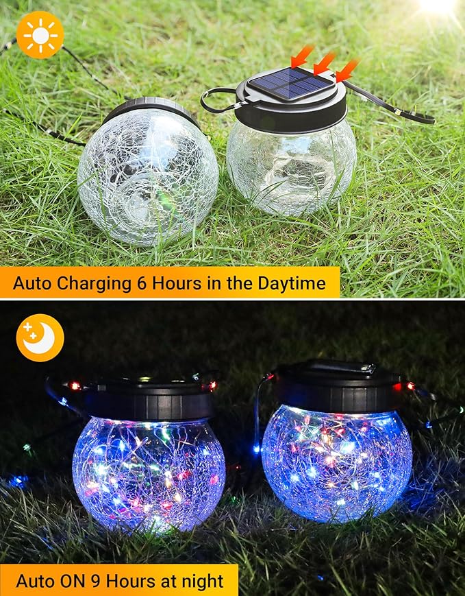PARTPHONER Solar Lantern Solar Lights Outdoor Waterproof 18-Pack, Solar Powered Hanging Lights Cracked Glass Hanging Globes for Christmas Decoration, Shepherd Hook, Garden Tree Ornaments, Multi-Color