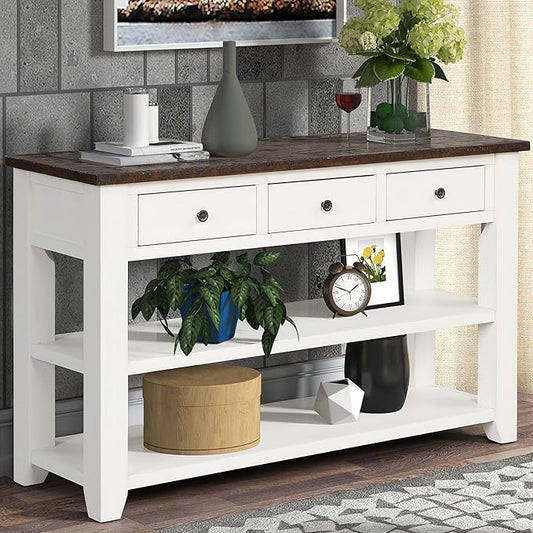 Farmhouse Wood Entryway Console Table 48-Inch Modern Sofa Entry Table with Drawers and Storage Shelves for Entrance Living Room (Antique White)