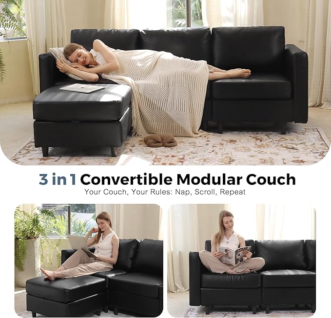 118.5" Faux Leather Modular Sectional Sofa, U Shaped Couch Set for Living Room, Large 8-Seater Comfy Cloud Couches with Storage Seat DIY Combination - Black