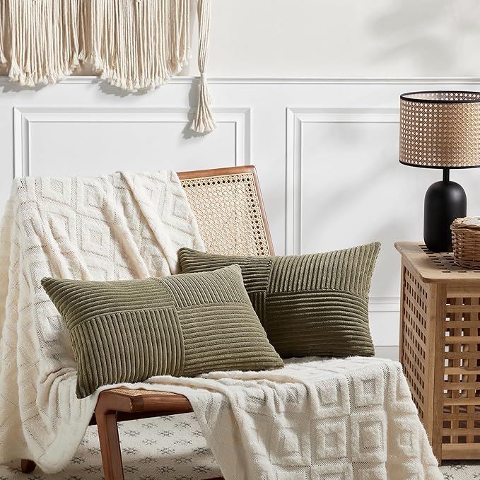 Fancy Homi 2 Packs Olive Green Long Lumbar Decorative Throw Pillow Covers 12x24 Inch for Couch Bed Sofa, Rustic Farmhouse Boho Home Decor, Soft Striped Corduroy Rectangle Accent Cushion Case 30x60 cm