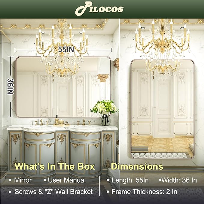 55 x 36 Inch Metal Framed Bathroom Mirror for Wall, Purple Gold Bathroom Vanity Mirror with Ribbed Texture Frame Modern Minimalist Large Rectangle Wall Mounted Mirror (Horizontal/Vertical)