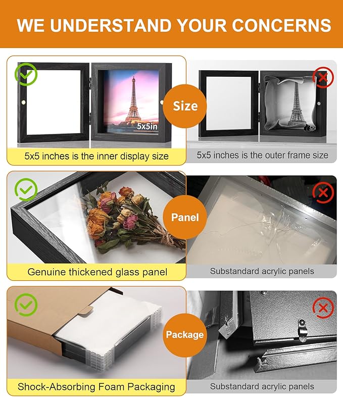 5x5 Deep Shadow Box Picture Frame Display Case with Linen Back ,Real Glass Small Mini Black Shadow Memory Box Frame 5x5 for Insect Display Pet Photo Memorial Flower Art Craft Wall Decor Gift