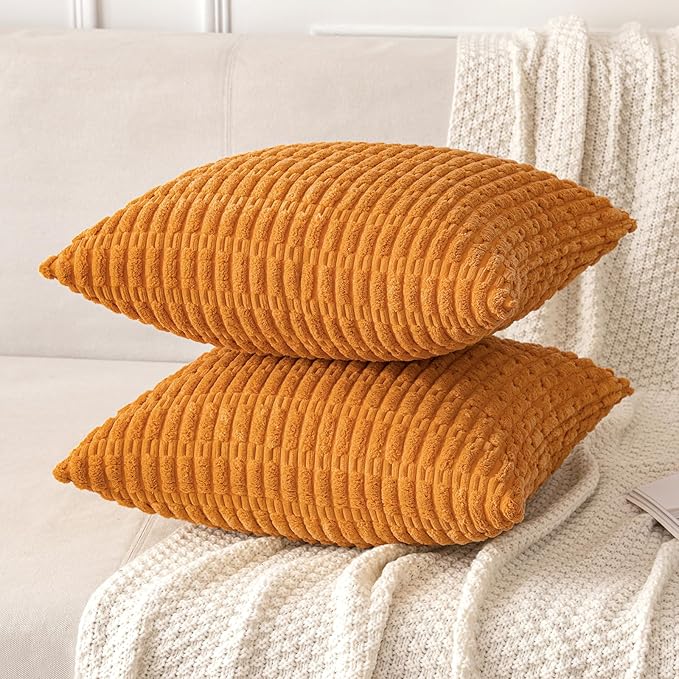 MIULEE Pack of 2 Burnt Orange Corduroy Decorative Fall Pillow Covers 20x20 Inch Soft Boho Striped Throw Pillow Covers Modern Farmhouse Home Decor for Summer Sofa Living Room Couch Bed
