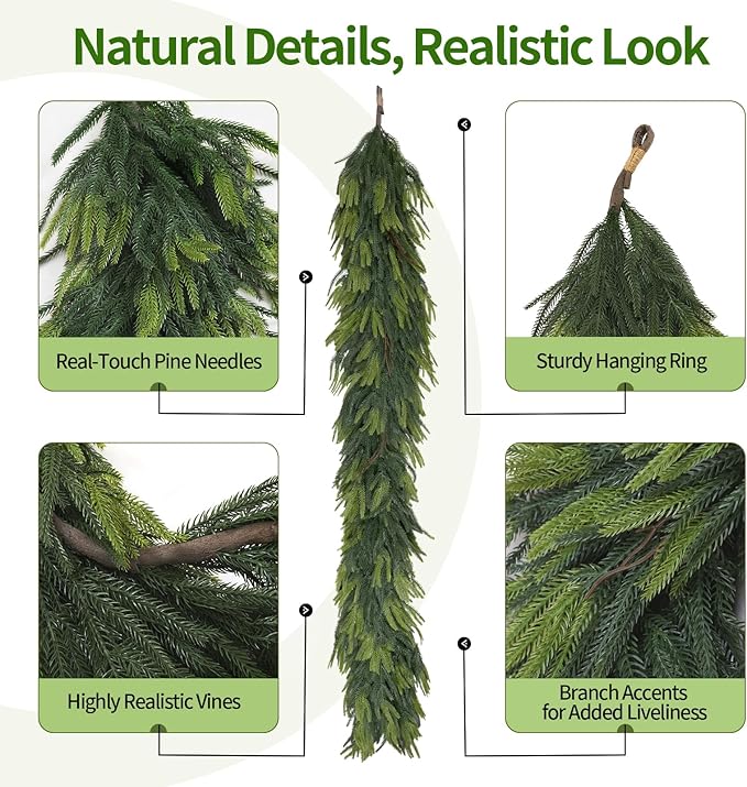 Christmas Decorations – 6FT Artificial Norfolk Pine Greenery Garland, Real Touch Christmas Garland for Mantel, Staircase, Fireplace, Front Door, Indoor & Outdoor Holiday Decor (1, 6FT)